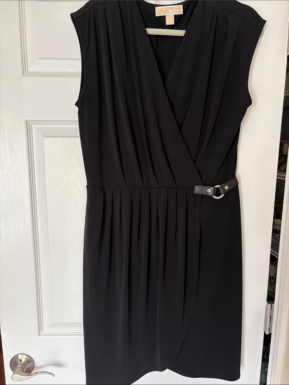 MICHAEL Michael Kors Black Faux-Wrap Midi Dress with Buckle Detail